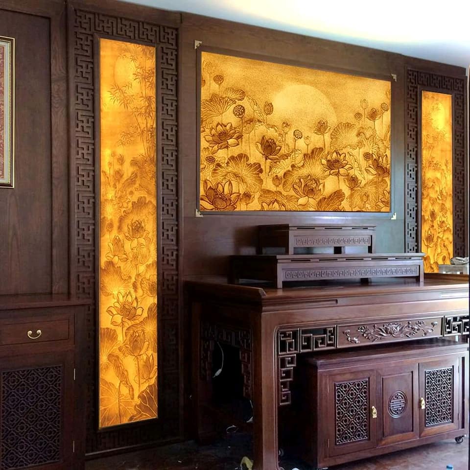 PHÒNG THỜ ĐẸP VÀ ẤM CÚNG VỚI TRANH TRÚC CHỈ ĐẸP TẠI HẢI PHÒNG