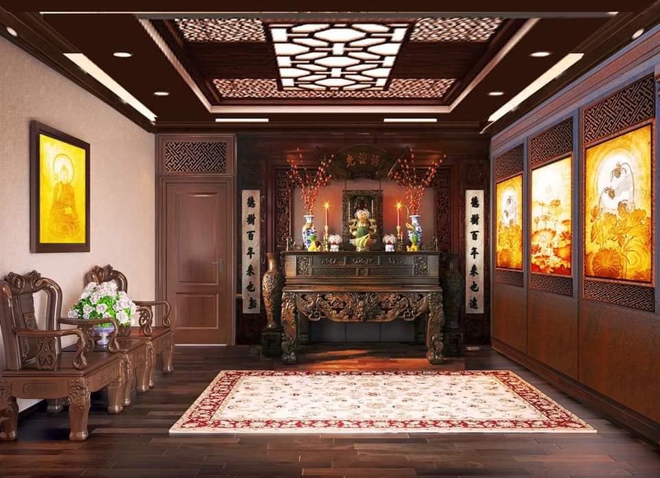 Thiết kế thi công phòng thờ đẹp hiện đại cho phòng thờ có bàn thờ gia tiên và bàn thờ phật 