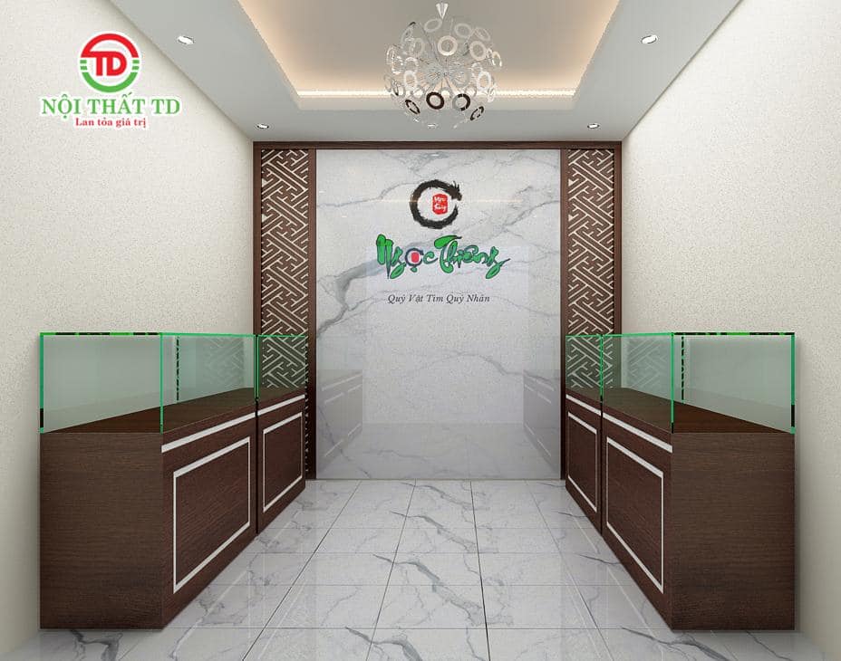 Thiết kế thi công tủ trưng bày và vách ngăn backdrop chữ nổi tiệm đá quý Vinhome- Hải Phòng